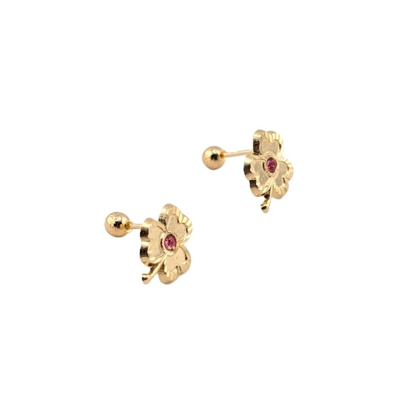 14K Solid Gold Three Leaf Clover Stud Earrings with Pink CZ Shamrock jewelry - Picture 7 of 10
